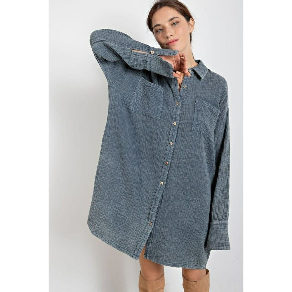 Easel Cotton Gauze Mineral Washed Shirt Dress in Slate New S-L ED16857 - Picture 1 of 5